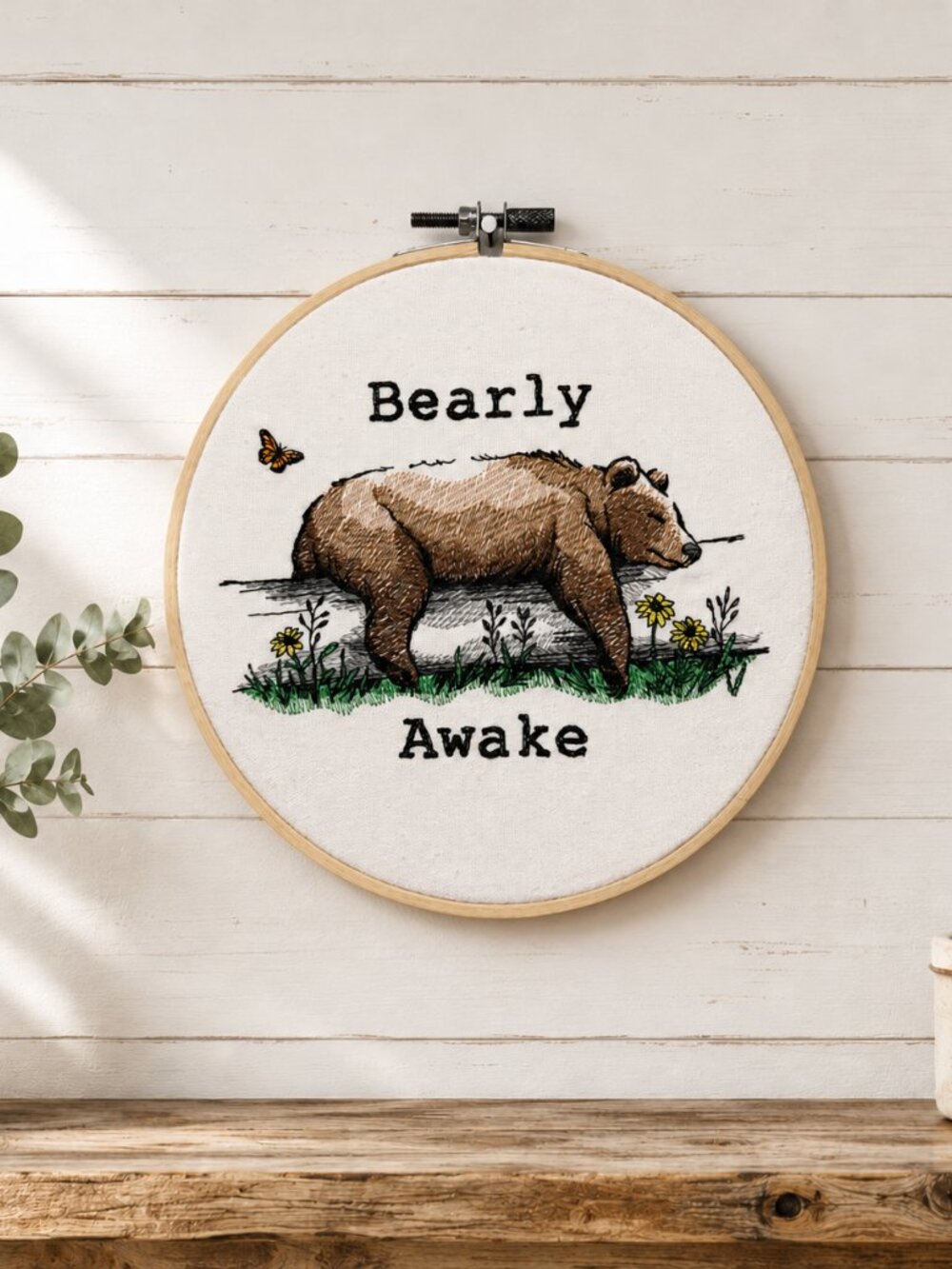 Bearly Awake Embroidery Hoop Wall Art, 8 Inch Embroidery Decor